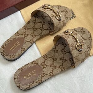 Gucci Brown & Beige GG Canvas Horsebit Slide Sandals